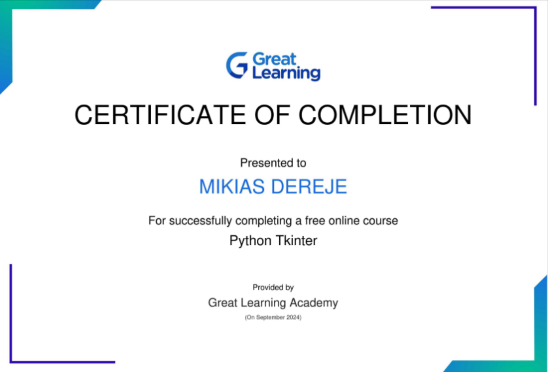 Certificate of Completion: Python Tkinter